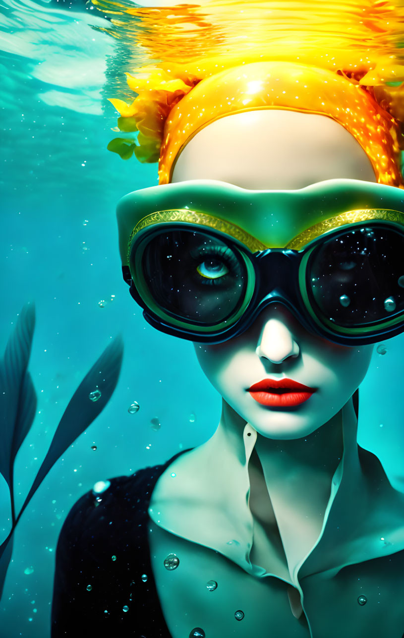 Fiery orange hair in underwater portrait with teal backdrop