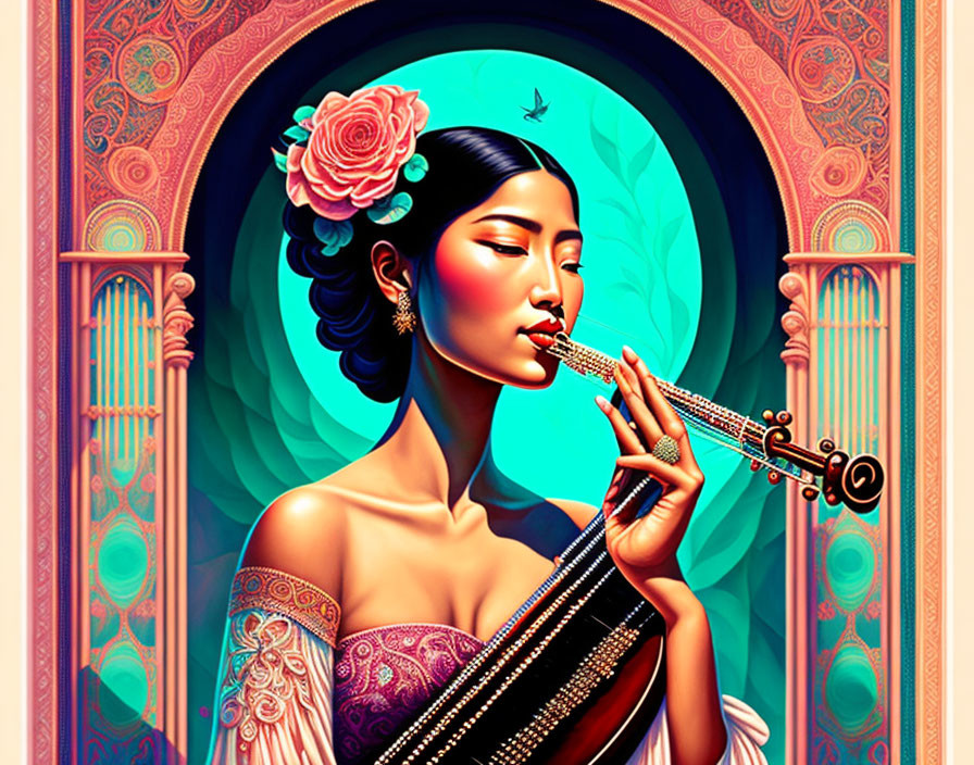 Illustrated woman playing flute by ornate window with pink flower, vibrant background