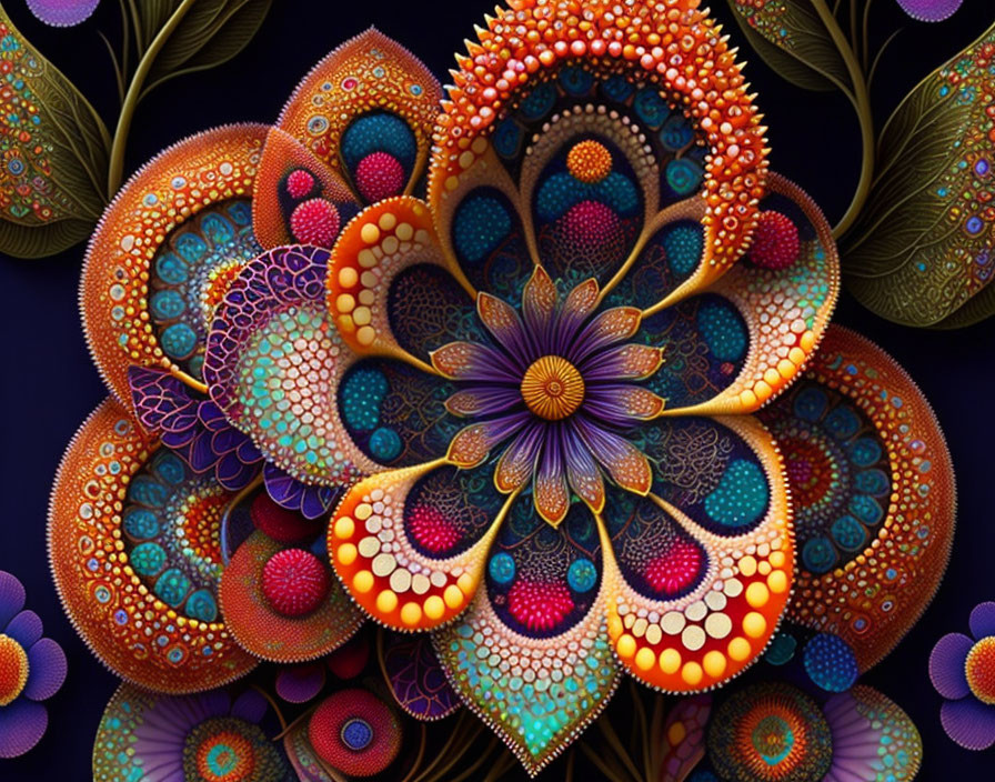 Colorful floral mandala digital artwork with intricate patterns on dark background