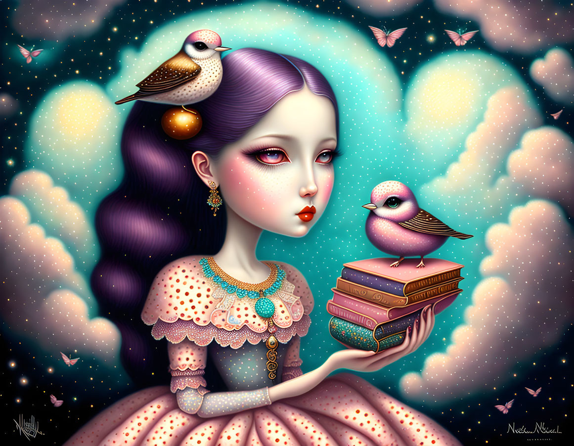 Stylized painting of girl with pale skin, dark hair, holding books, birds, stars,