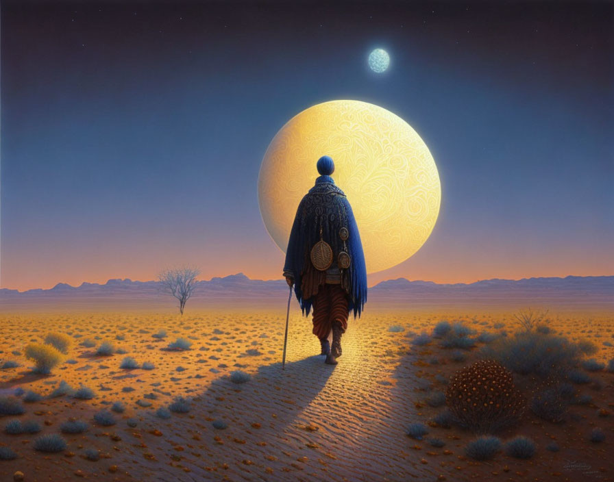 Mysterious figure in cloak walks in desert under moon and planet