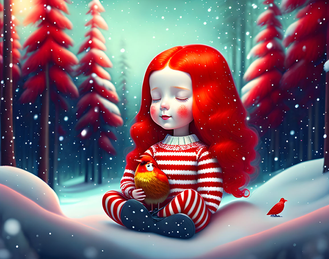 Illustration of girl with red hair in snowy landscape holding birds