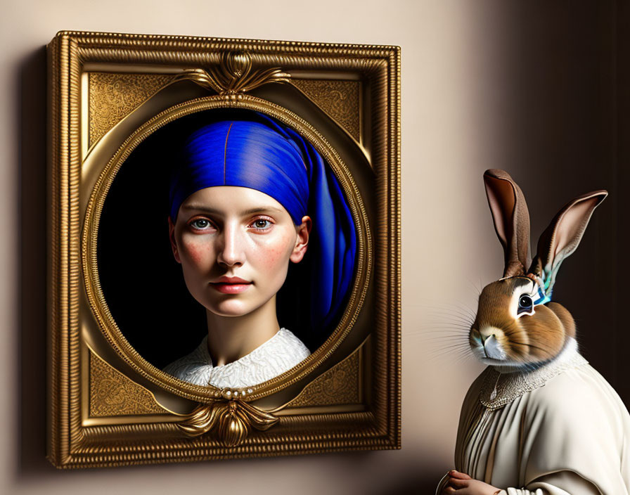 Surreal image of woman's face blending with framed painting and rabbit in vintage clothing