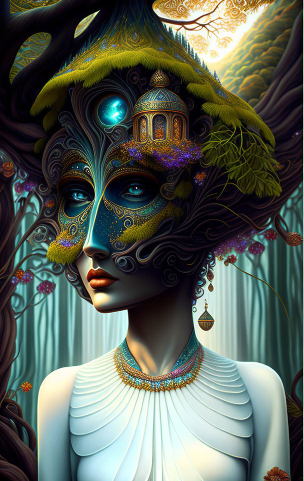 Digital artwork of woman with nature-inspired makeup & forest hairstyle scene.