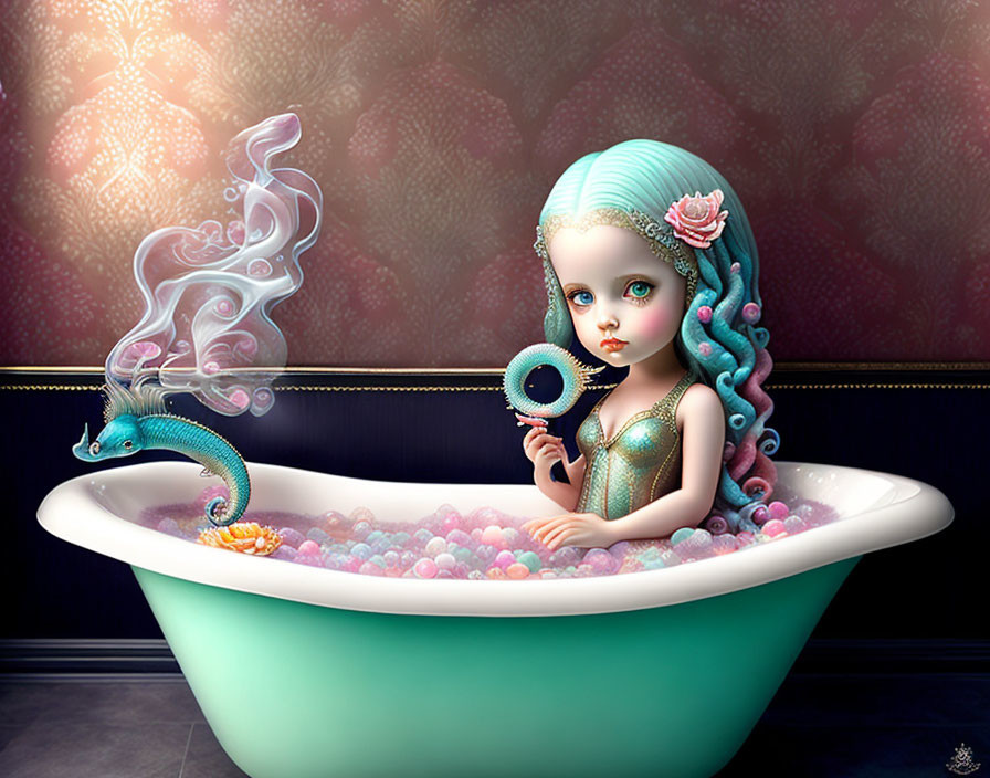 Illustration of girl with aqua hair and pearl headband in tub with whimsical dragon-like creature