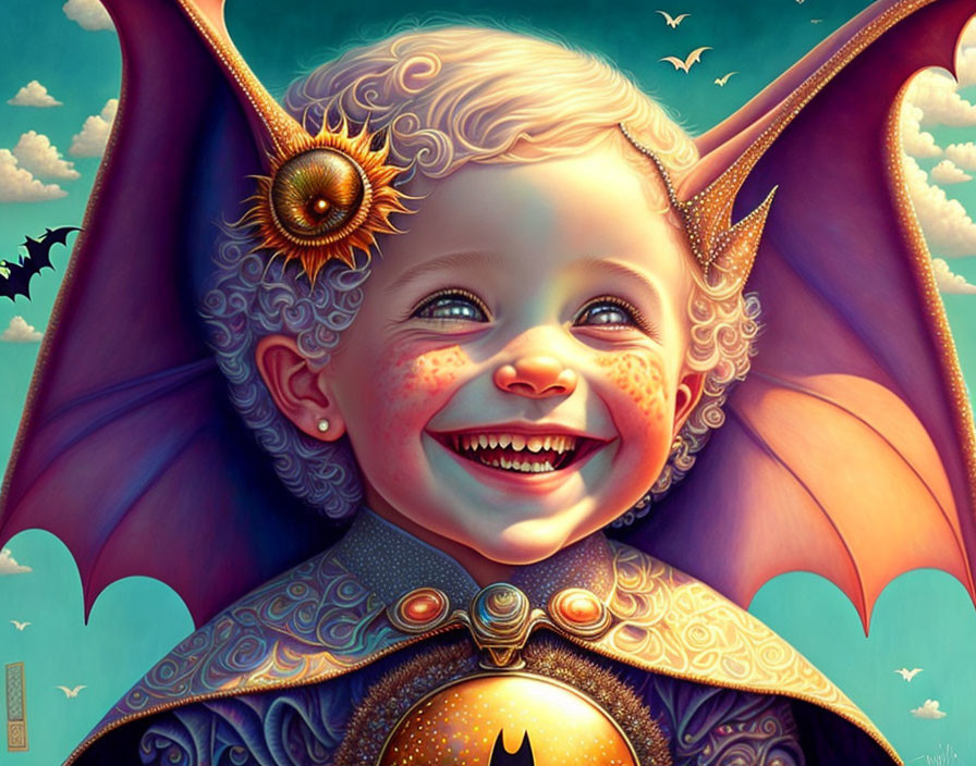 Child with Bat-Like Wings in Ornate Attire on Sky Background