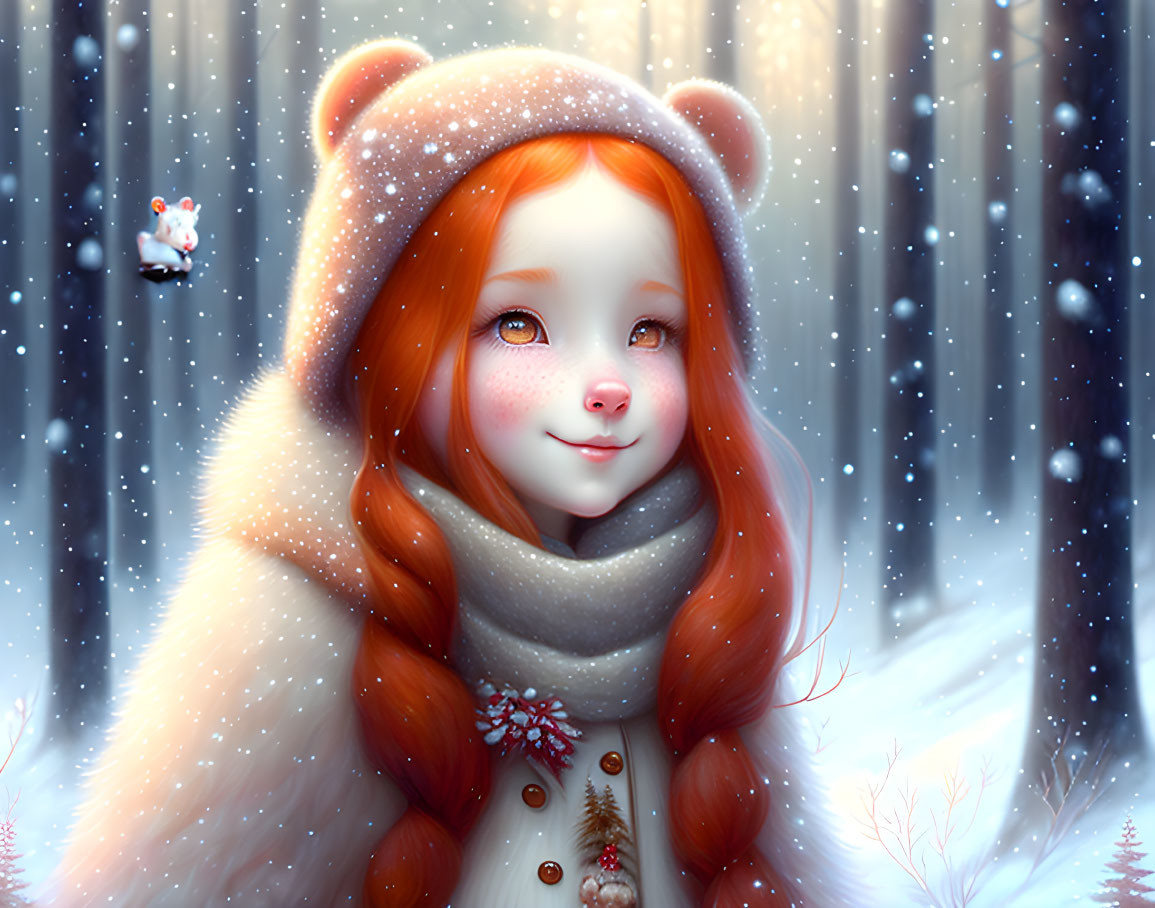 Red-haired girl in bear hat and scarf smiles in snowy forest with bird nearby