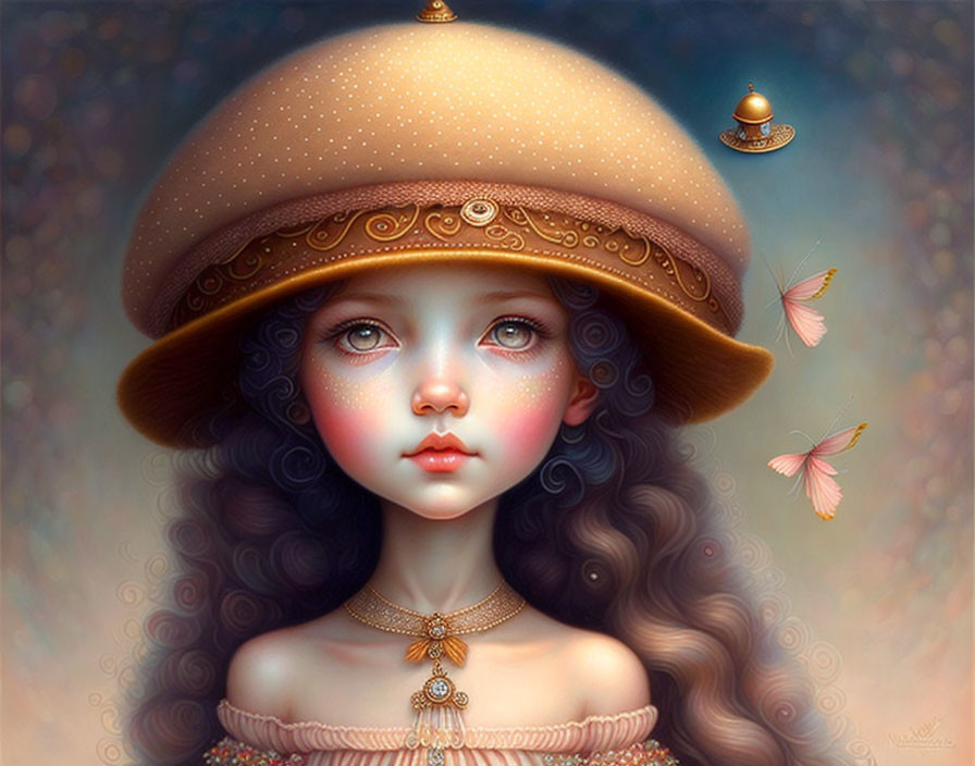 Digital illustration of young girl with large eyes and decorative hat, surrounded by butterflies and floating teacup