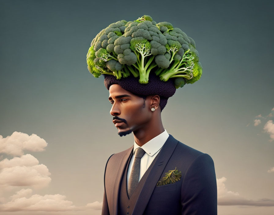 Man in suit with broccoli hair against cloudy sky background