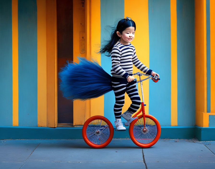 Young girl in blue scarf on red and yellow tricycle by colorful house