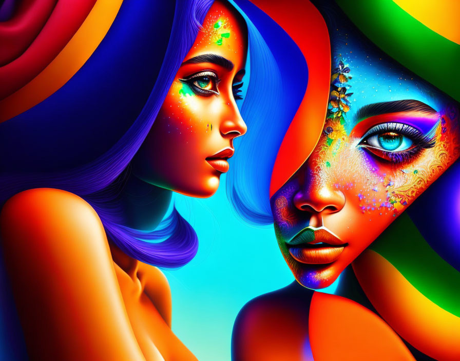 Colorful digital artwork featuring two women with fantasy-inspired makeup and blended skin tones against a vibrant background.