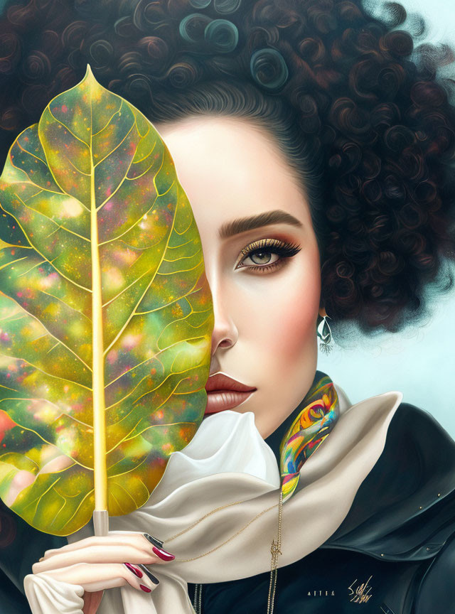 Curly-Haired Woman Holding Colorful Leaf with Stylish Makeup and Scarf