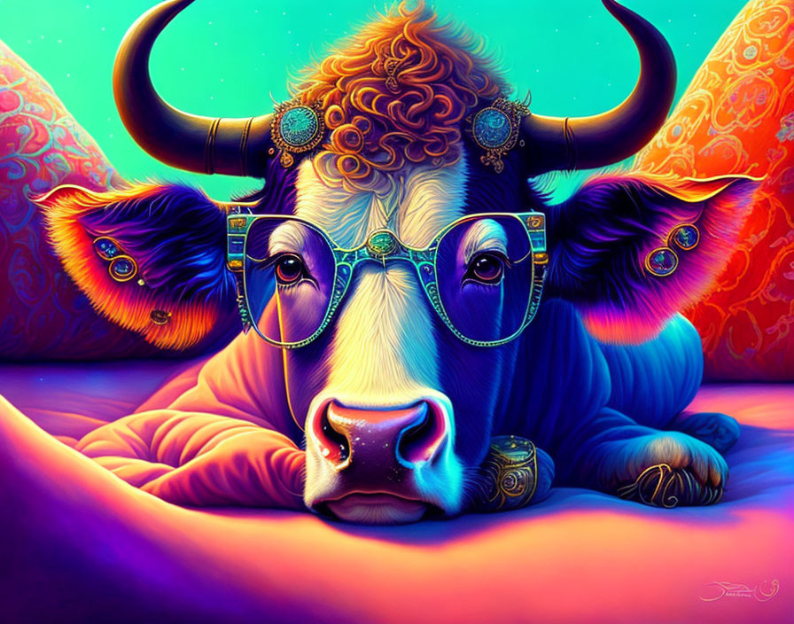 Vibrant bull illustration with round glasses and psychedelic background