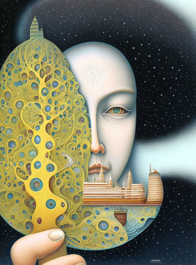 Surreal face art with cosmic backdrop blending human features, trees, and buildings.