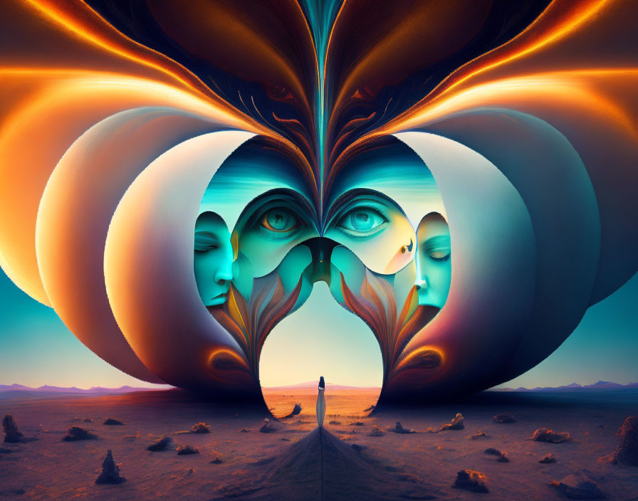 Surreal landscape with abstract heart-shaped structure and mirrored facial elements