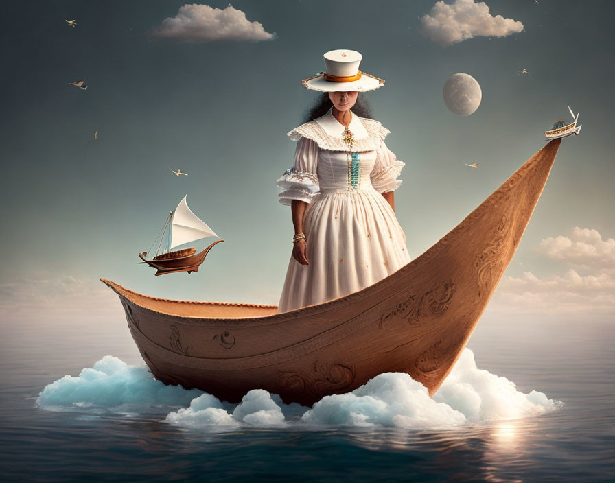 Vintage-clad woman on boat above clouds with flying ships and moon.