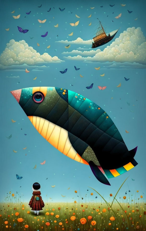 Surreal artwork: Giant fish, girl in flower field, ship in sky with butterflies