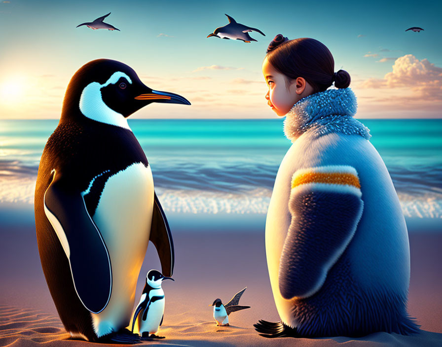 Girl and large penguin gaze on sandy beach at sunset