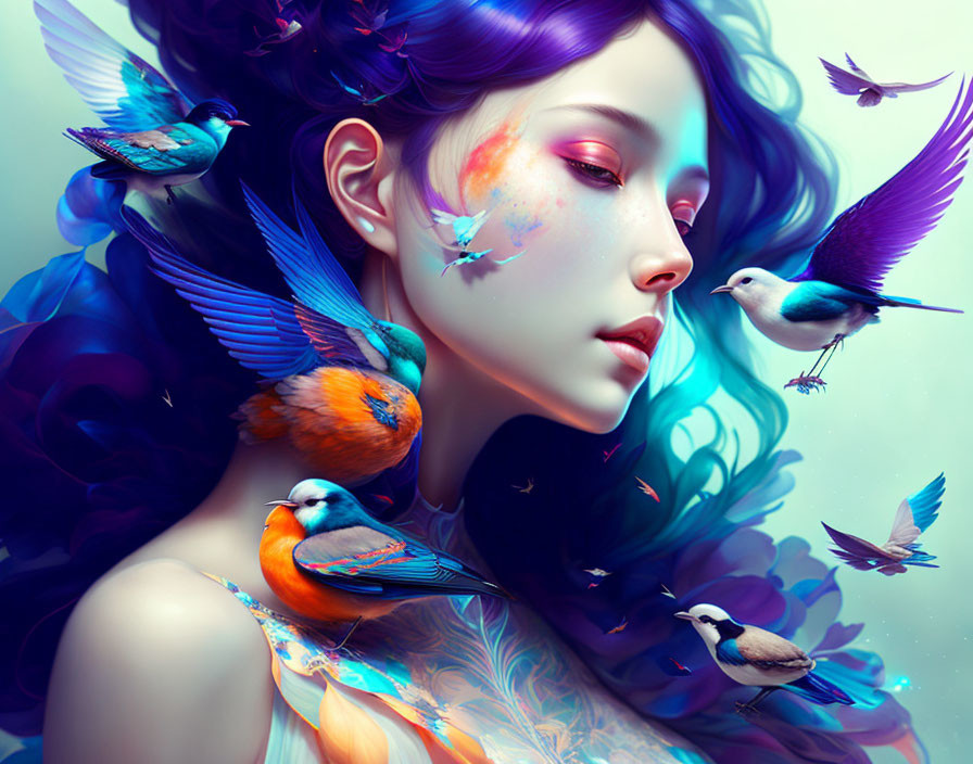 Colorful Stylized Portrait of Woman with Blue and Orange Birds