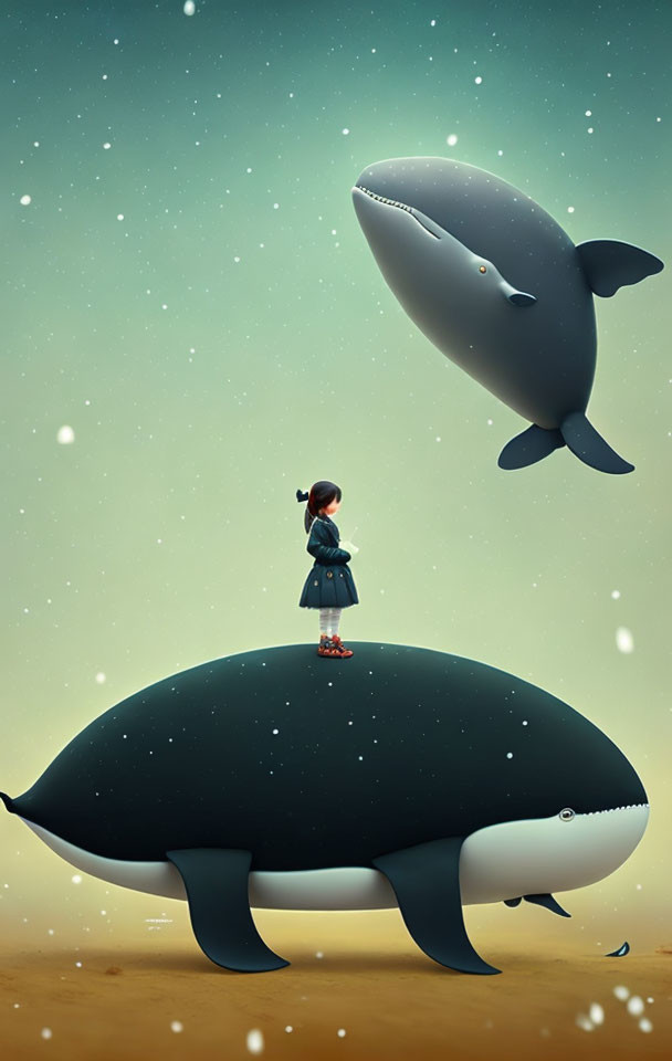 Whimsical illustration of girl on whale under star-filled teal sky