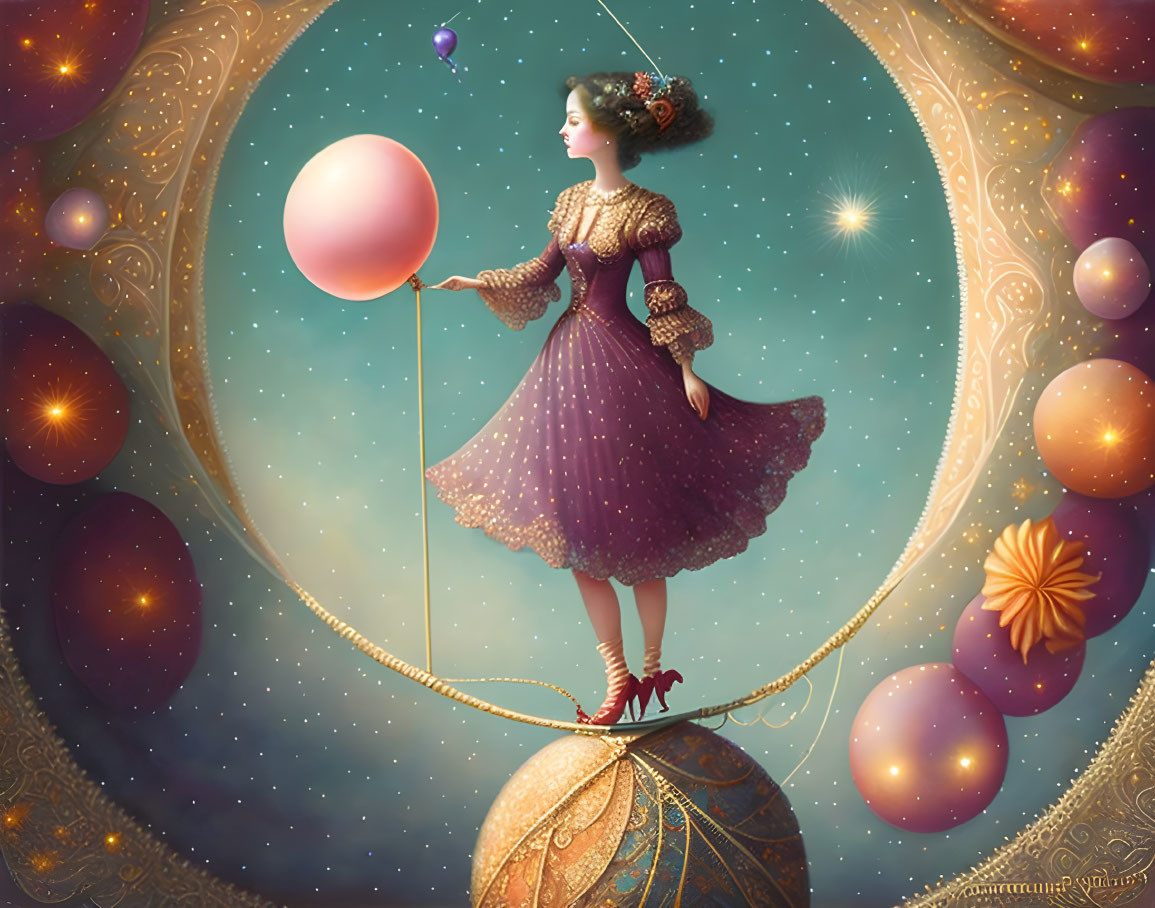 Whimsical illustration of woman on floating orbs in starry backdrop