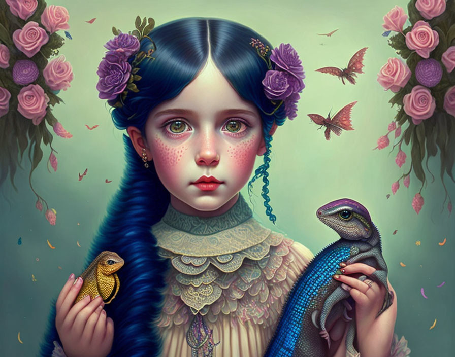 Surreal artwork of girl with blue hair and Victorian dress holding lizards among roses