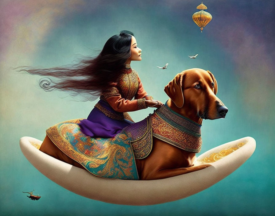 Traditional Attire Woman Riding Giant Dog in Surreal Sky