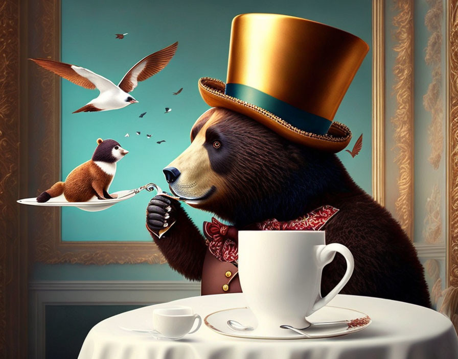 Anthropomorphic bear in top hat enjoys tea with bird and stoat.