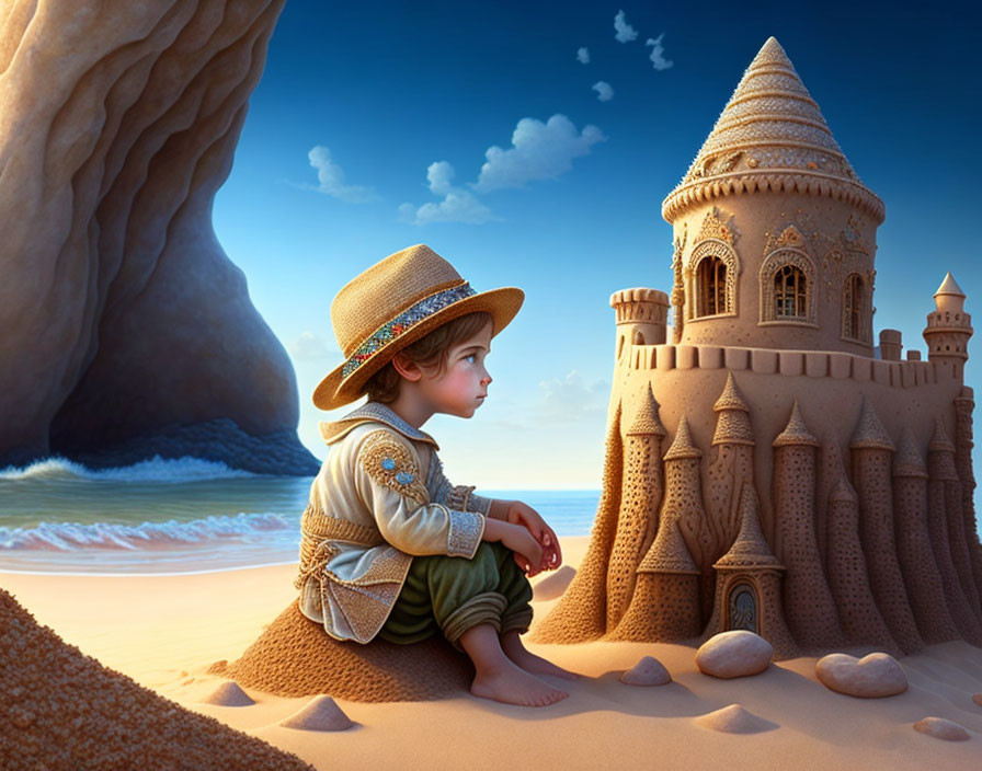 Child in straw hat next to sandcastle on beach at dusk