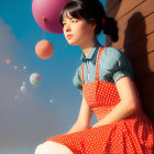 Digital artwork of young girl with pink balloon on wooden bench, surrounded by butterflies in dreamy sky