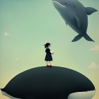 Whimsical illustration of girl on whale under star-filled teal sky