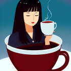 Woman Holding Steaming Cup in Giant Coffee Cup Illustration