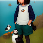 Illustration of young girl in blue and white outfit surrounded by puffins and butterflies