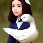 Girl with Two White Birds Illustration on Soft Background