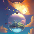 Colorful hot air balloon flying in sunset sky with cloud reflections in giant bubble and distant balloons.