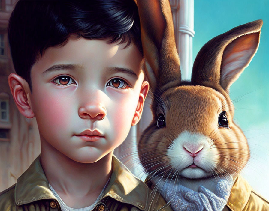 Realistic illustration of a young boy with dark hair and a rabbit