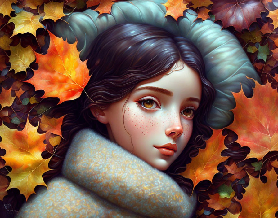 Digital artwork featuring young woman with dark hair, freckles, expressive eyes, autumn leaves, and