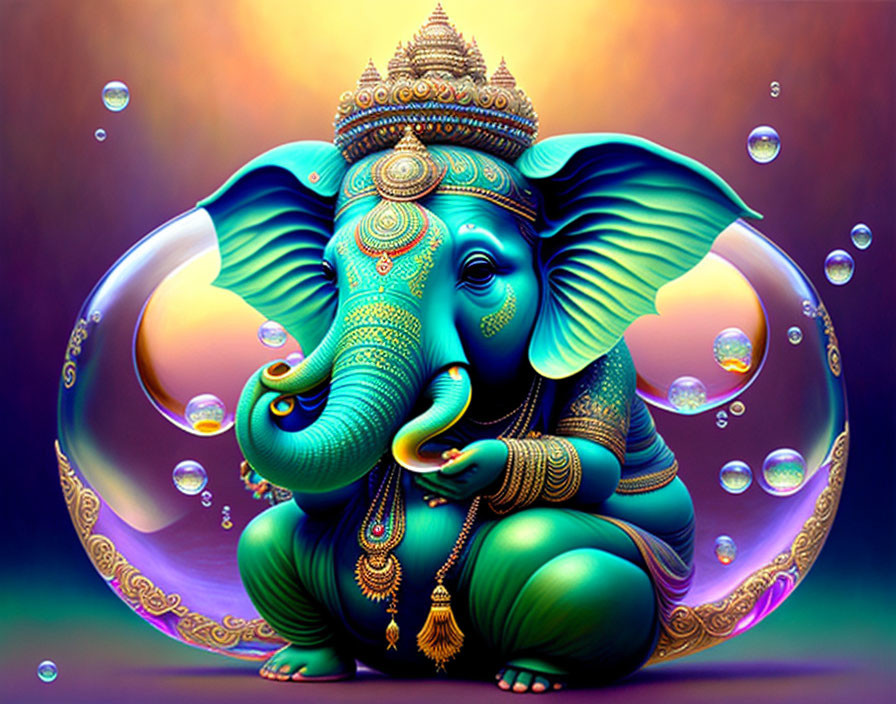 Colorful Elephant with Crown and Bubbles on Vibrant Background