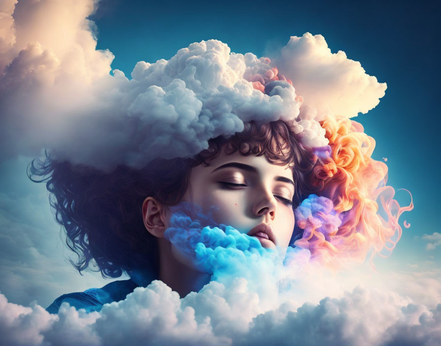 Woman with closed eyes wearing cloud headpiece in dreamlike setting