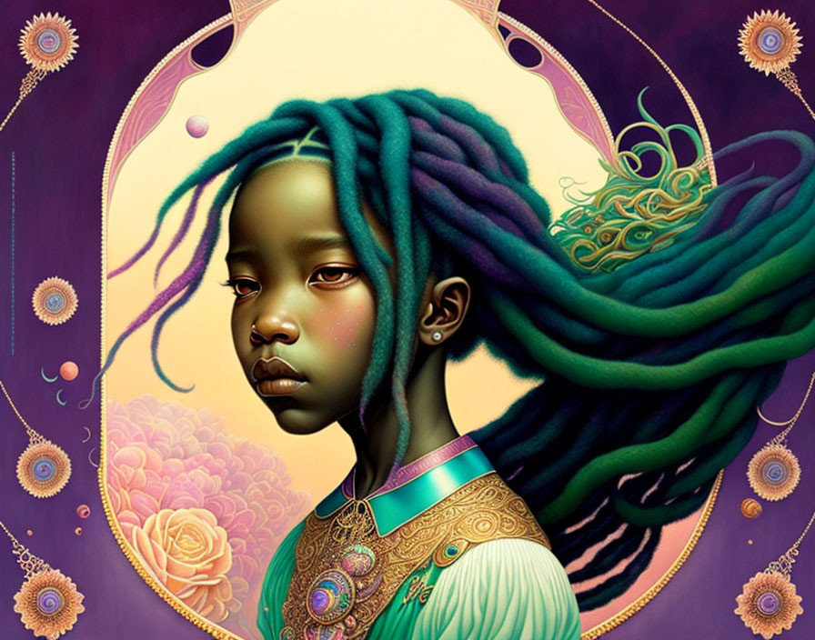 Digital artwork: Girl with green dreadlocks in contemplative expression on purple ornate background with floral and