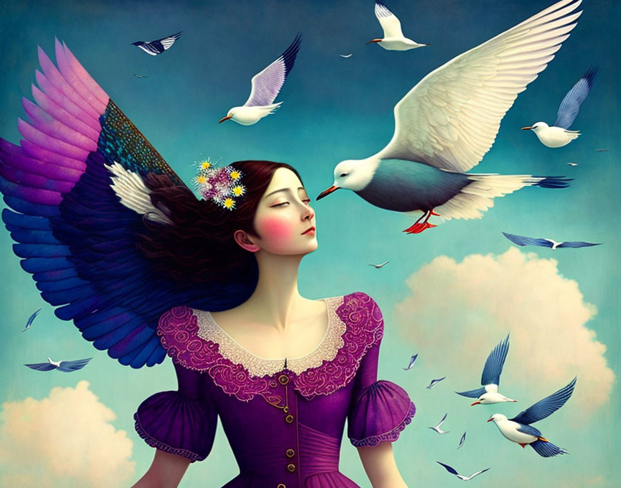 Surreal illustration of woman with colorful bird wings and flying seagulls in dreamy sky