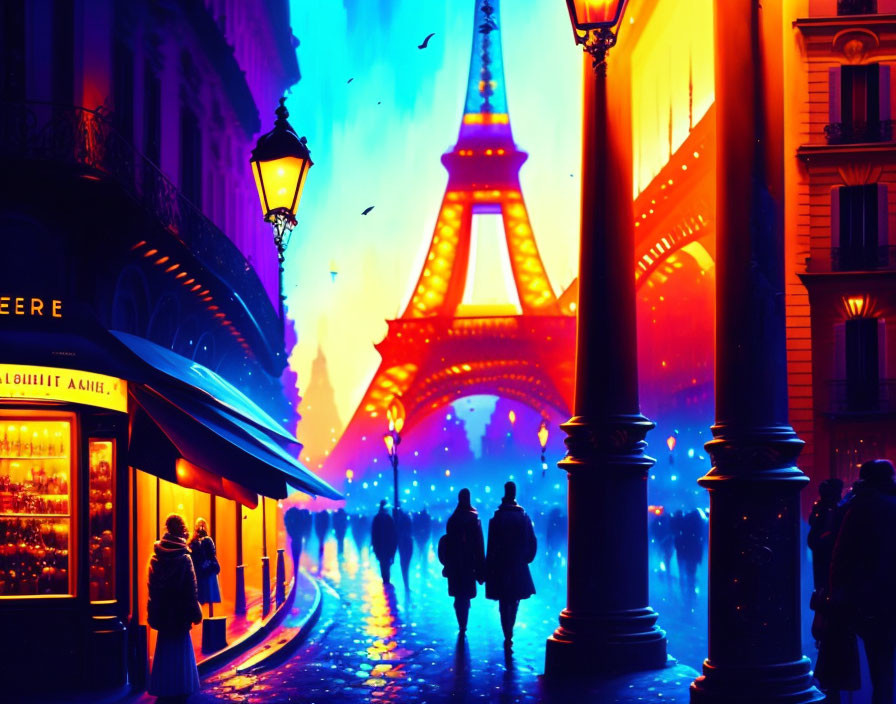 Vibrant Parisian street night scene with Eiffel Tower and silhouettes