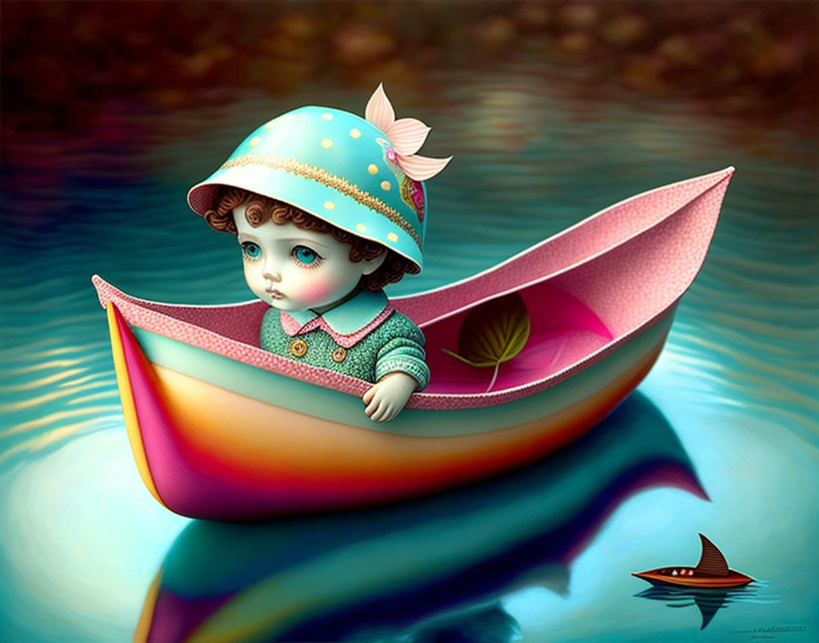 Colorful Illustration of Wide-Eyed Child in Paper Boat on Calm Water