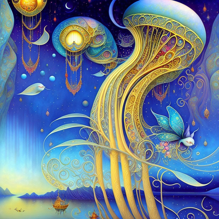 Fantastical jellyfish-like structures in a starry sky with whimsical bird and winged creature