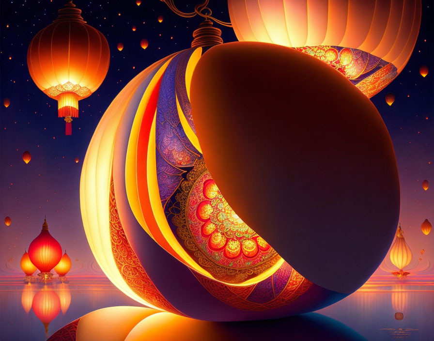 Glowing ornate lamps and spheres against twilight backdrop with floating lanterns