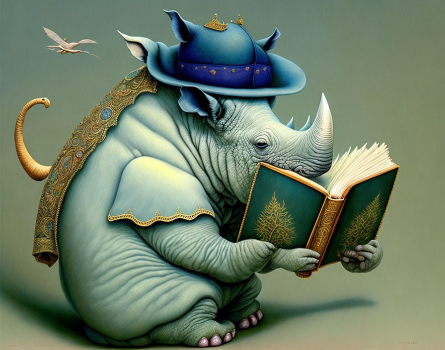 Blue anthropomorphic rhino reading book with bird and hat