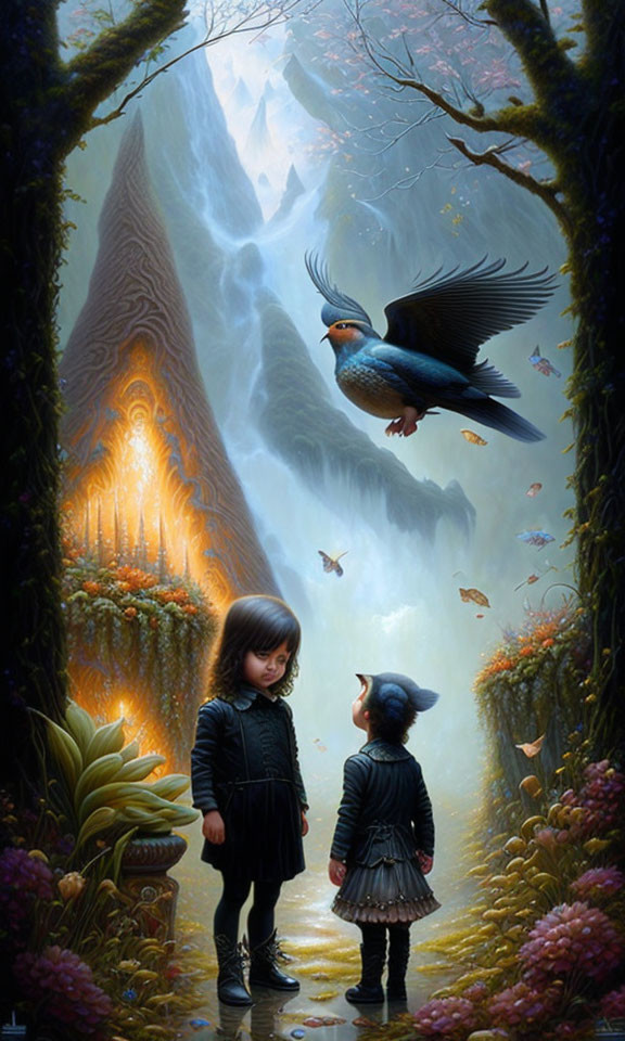 Children in mystical forest with luminous waterfall and bird.