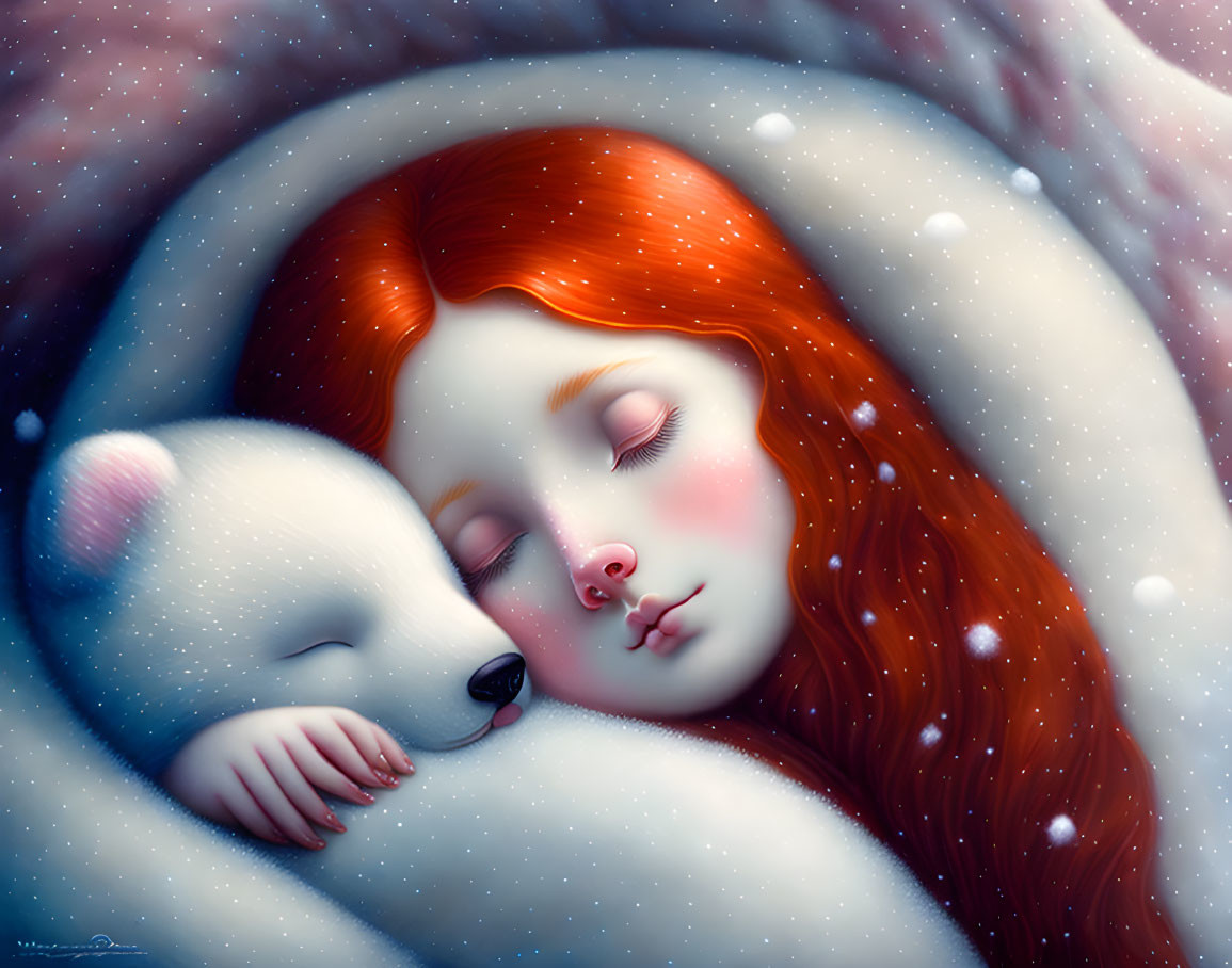 Red-Haired Girl and White Bear Cub Sleeping in Snowy Scene