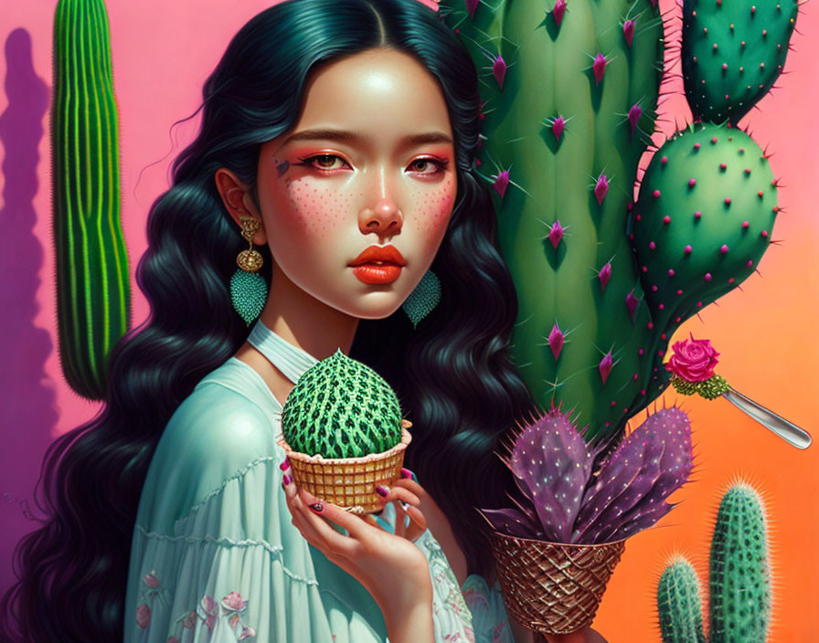 Illustrated woman with cactus ice cream cone and freckles on pink background.