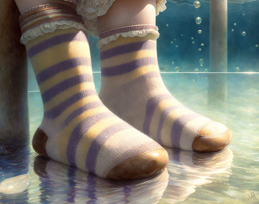 Person in Striped Socks Standing in Clear Water with Sunlight Filtering Through